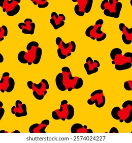 Cute leopard black red spot heart seamless pattern. Vector hand drawn animal leo skin print. Safari spotted texture yellow background for fashion love print, Valentines day decor, fabric, textile