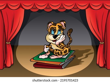 Cute Leopard with Blue Eyes Sitting on School Notebooks - Colored Cartoon Illustration with Background, Vector