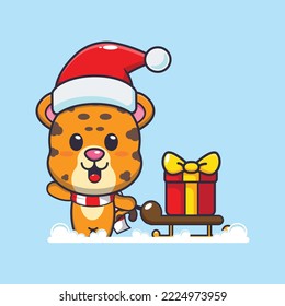 Cute leopard carrying christmas gift box. Cute christmas cartoon illustration. 