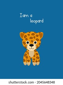 Cute leopard cartoon character, flat colorful drawing funny tropical jungle animal. Vector illustration isolated on a colored background, application for children, game, book, print, card, sticker.