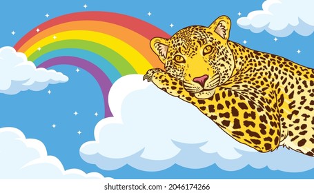 cute leopard cartoon with rainbow background