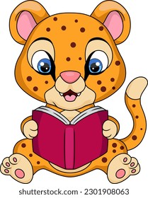 Cute leopard cartoon reading a book