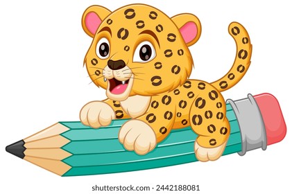 Cute Leopard Cartoon Riding a Flying Pencil Vector Illustration. Animal Education Icon Concept