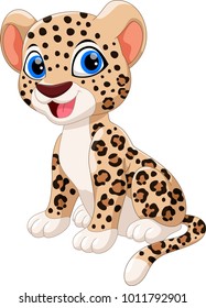 Cute leopard cartoon sitting isolated on white background