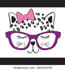 cute leopard cat face with glasses vector illustration