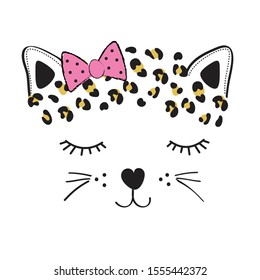 cute leopard cat face on white background vector illustration, T-shirt graphics design for girls