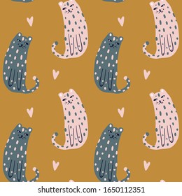 Cute leopard cat seamless pattern, scheetah vector print, nursery illustration in scandinavian style, animal pink skin repeat design, kids wrapping paper template