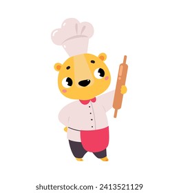 Cute Leopard Chef Character in Toque Hold Rolling Pin for Cooking Vector Illustration