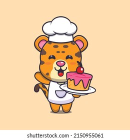cute leopard chef mascot cartoon character with cake