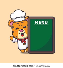 cute leopard chef mascot cartoon character with menu board