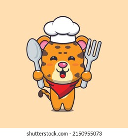 cute leopard chef mascot cartoon character holding spoon and fork 