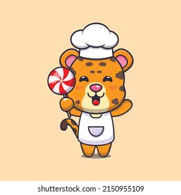 cute leopard chef mascot cartoon character holding candy