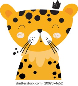 Cute leopard cub with a crown doodle illustration in vector. Hand drawn print, poster for nursery apparel. goods.
