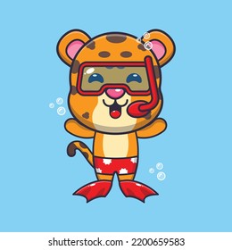 Ilustración de personajes de la mascota de dibujos animados Cute leopard diving.