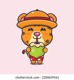 Cute leopard drink fresh coconut cartoon illustration.