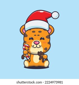 Cute leopard eating christmas cookies and candy. Cute christmas cartoon illustration. 