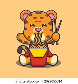 Cute leopard eating noodle. Cute cartoon animal illustration.
