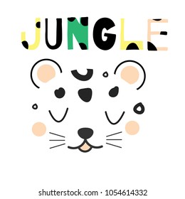 Cute leopard face. Hand drawn jungle animal face in scandinavian style. For kids fashion prints and design. Nursery decoration