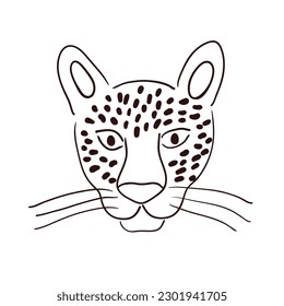 Cute cara de leopardo, retrato dibujado a mano ilustración de caricatura, sketch. Arte de línea, diseño de estilo de dibujo, vector aislado. Animales tropicales, vida silvestre de la jungla, gato grande, safari, naturaleza, elemento impreso