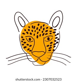 Cute cara de leopardo, retrato dibujado a mano ilustración de caricatura, sketch. Arte de línea, diseño de estilo de dibujo, vector aislado. Animales tropicales, vida silvestre de la jungla, gato grande, safari, naturaleza, elemento impreso