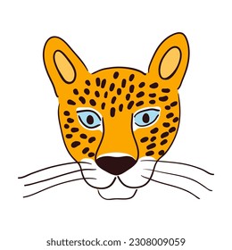 Cute cara de leopardo, retrato dibujado a mano ilustración de caricatura, sketch. Arte de línea, diseño de estilo de dibujo, vector aislado. Animales tropicales, vida silvestre de la jungla, gato grande, safari, naturaleza, elemento impreso