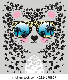 Cute leopard face in yellow sunglasses with palms. Vector illustration.