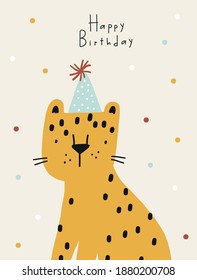 Cute Leopard in flat style. Exotic summer vector print for children