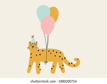 Cute Leopard in flat style. Exotic summer vector print for children