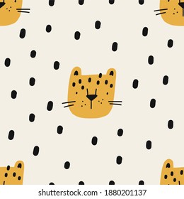 Cute Leopard in flat style. Exotic summer vector print for children. Seamless pattern with cute Leopard