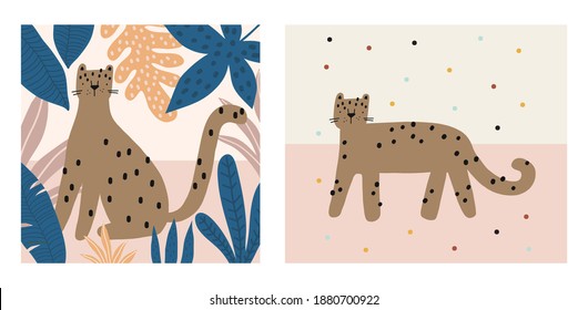 Cute Leopard in flat style. Exotic summer vector illustration in modern style. Posters set for decor