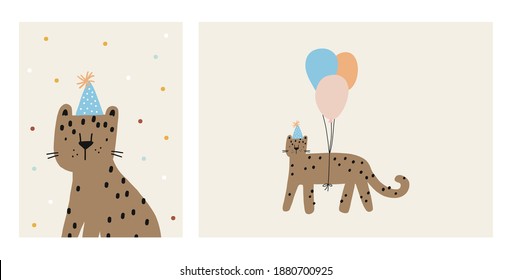 Cute Leopard in flat style. Exotic summer vector illustration in modern style. Posters set for decor