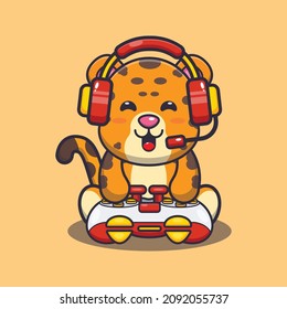 Cute leopard gamer. Cute cartoon animal illustration.