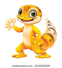 Cute leopard gecko waving hand. Vector cartoon illustration isolated on white background