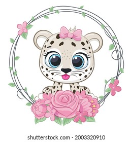 Cute leopard girl with flowers and a wreath. Vector illustration of a cartoon.