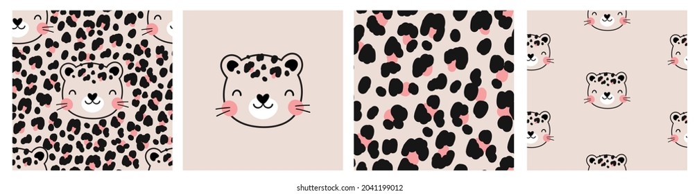 Cute leopard hand drawn vector print. Animal wild seamless pattern