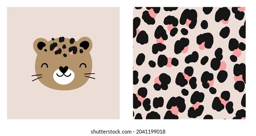 Cute leopard hand drawn vector print. Animal wild seamless pattern