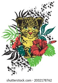 Cute leopard, hibiscus flower and monstera leaf vector illustration.