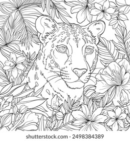 Cute leopard hiding amongst leaves and flowers, colouring book page design, vector outline.