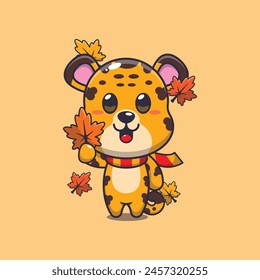 Cute leopard holding autumn leaf. Mascot cartoon vector illustration suitable for poster, brochure, web, mascot, sticker, logo and icon.