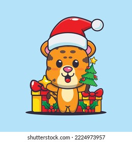Cute leopard holding star and christmas tree. Cute christmas cartoon illustration. 