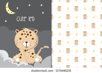 Cute leopard illustration with seamless pattern in the white backdrop