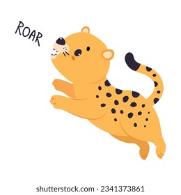 Cute Leopard or Jaguar Cub Jumping and Roaring Vector Illustration