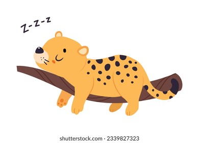 Cute Leopard or Jaguar Cub Sleeping on Tree Branch Vector Illustration