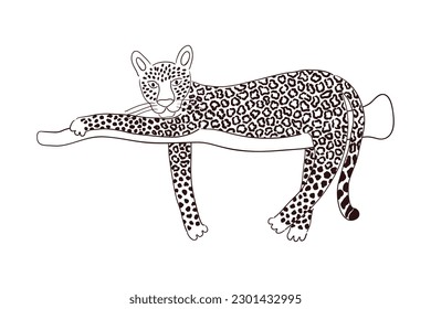 El leopardo lindo dibujando a mano la ilustración del personaje de dibujos animados, el sketch. Arte de línea, diseño de estilo de dibujo, vector aislado. Animales tropicales, vida silvestre de la jungla, gatos grandes, safari, naturaleza, elemento impreso