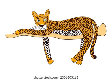 El leopardo lindo dibujando a mano la ilustración del personaje de dibujos animados, el sketch. Arte de línea, diseño de estilo de dibujo, vector aislado. Animales tropicales, vida silvestre de la jungla, gatos grandes, safari, naturaleza, elemento impreso