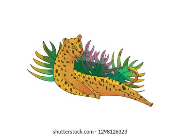 Cute leopard lying near tropical leaves. Large wild cat with spotted body and green eyes. Hand drawn vector design