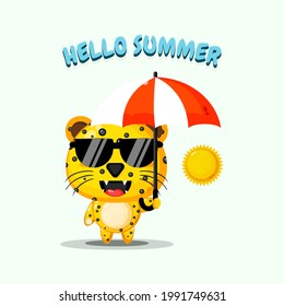 Cute leopard mascot carrying umbrella with summer greetings