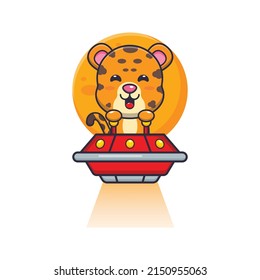 cute leopard mascot cartoon character fly with ufo