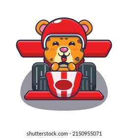 cute leopard mascot cartoon character riding race car