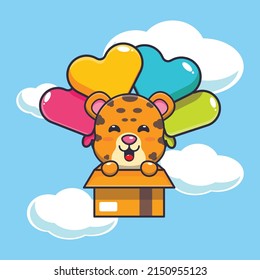 cute leopard mascot cartoon character fly with balloon